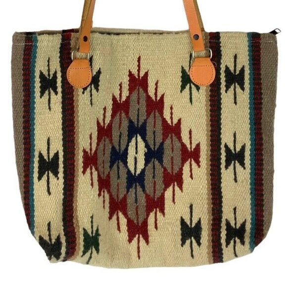 El Paso Saddle Blanket Southwestern Aztec Wool Tote Bag 18x14 Beige Red - Picture 3 of 7